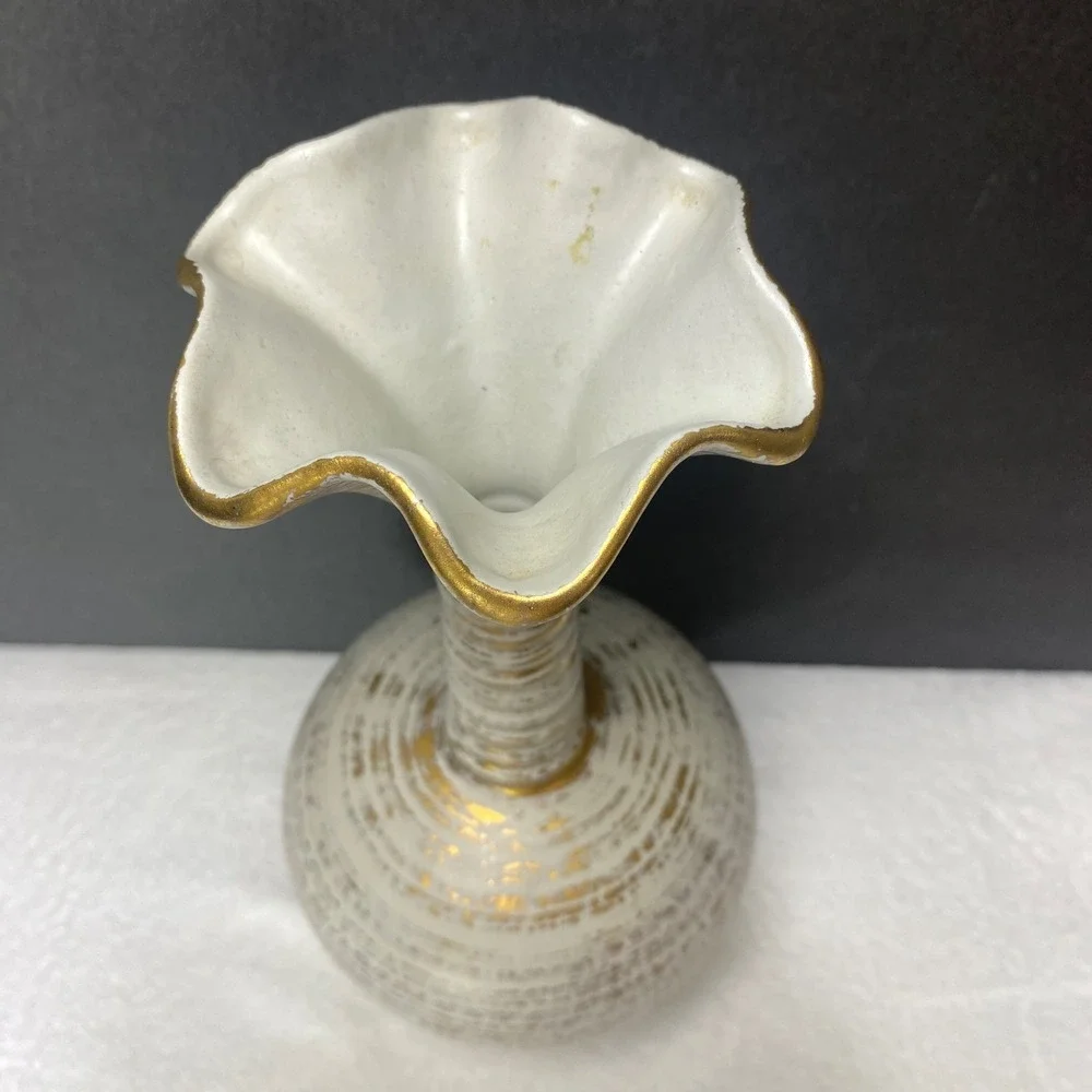 VTG Royal Haeger 4043 Gold Tweed Vase Textured Gold Accent White‎ Ceramic 13